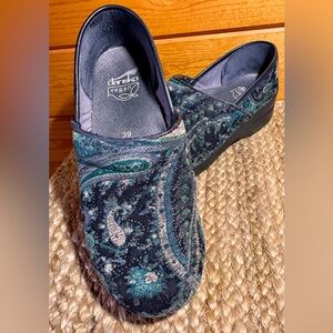 Dansko VEGAN Turquoise and Black Paisley Clogs